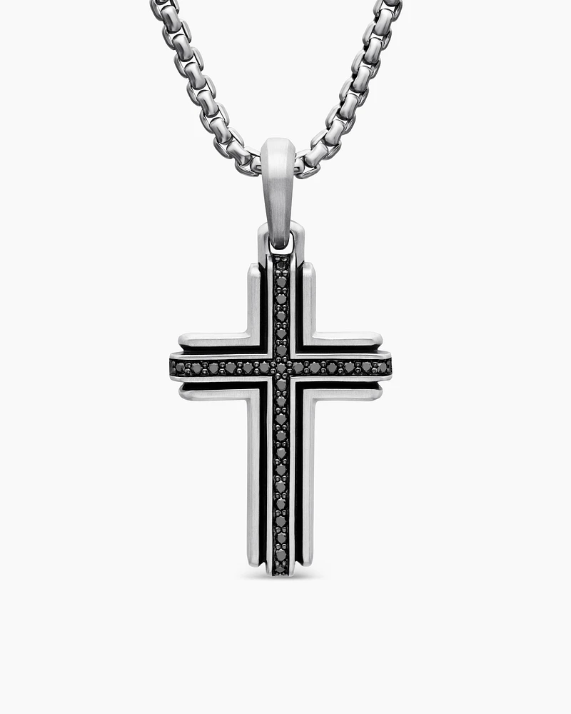 Deco Cross Pendant in Sterling Silver with Black Diamonds, 34mm