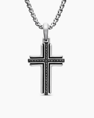 Deco Cross Pendant in Sterling Silver with Black Diamonds, 34mm