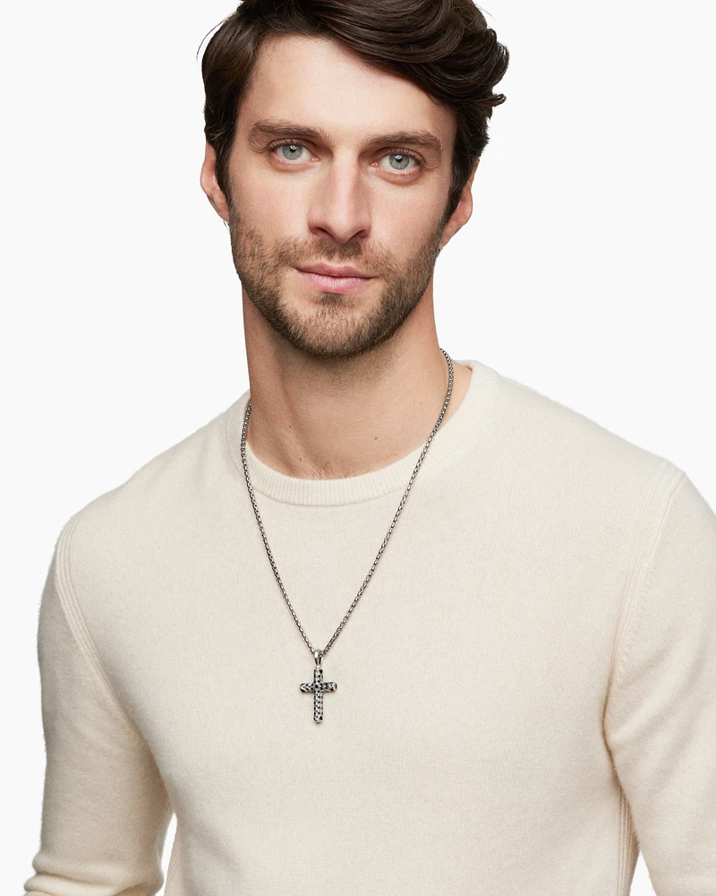 Chevron Cross Pendant in Sterling Silver with Black Diamonds