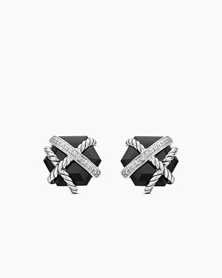 Cable Wrap Stud Earrings in Sterling Silver with Black Onyx and Diamonds, 11mm