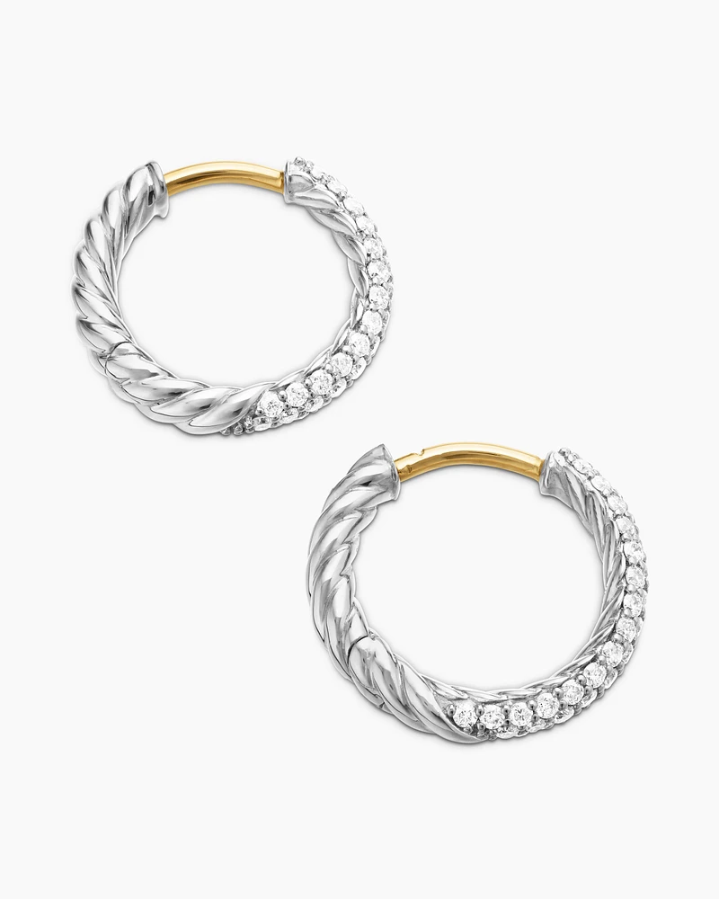 Cable Edge Huggie Hoop Earrings in Recycled Sterling Silver with Diamonds, 13mm
