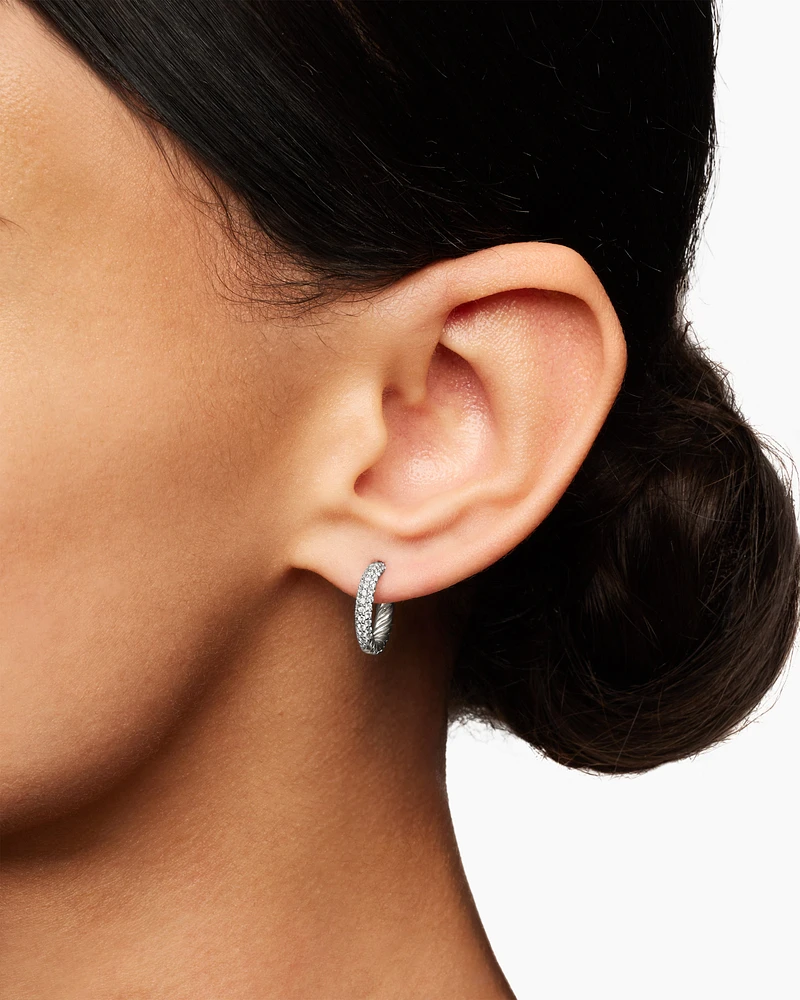 Cable Edge Huggie Hoop Earrings in Recycled Sterling Silver with Diamonds, 13mm