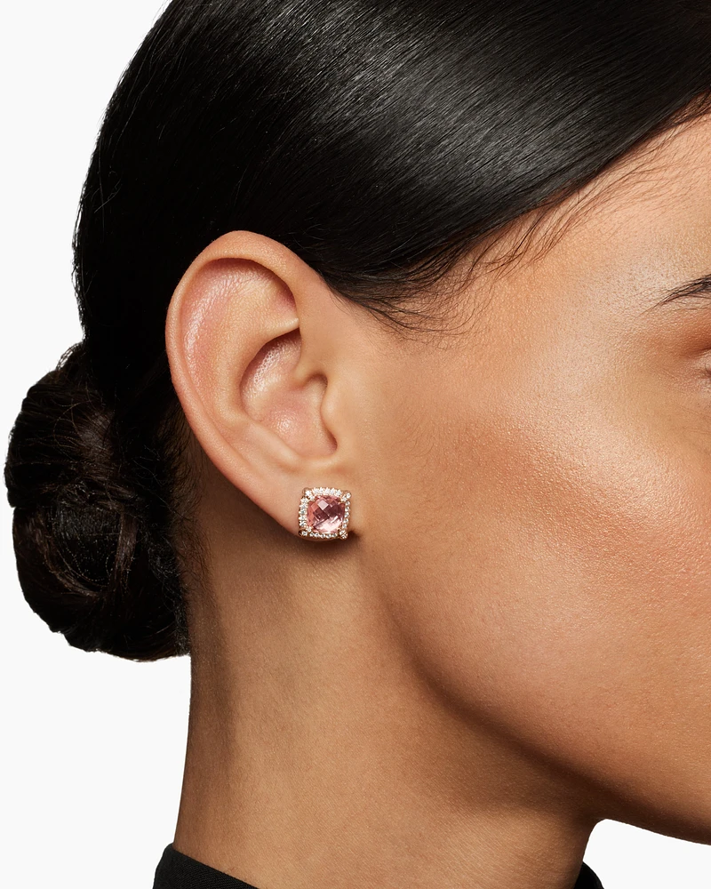 Chatelaine® Pavé Bezel Stud Earrings in 18K Rose Gold with Morganite and Diamonds, 8mm