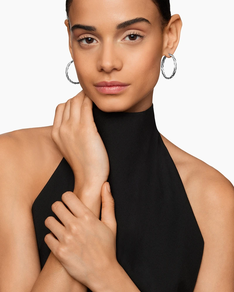 Cable Edge® Hoop Earrings in Sterling Silver with Diamonds, 1.5in