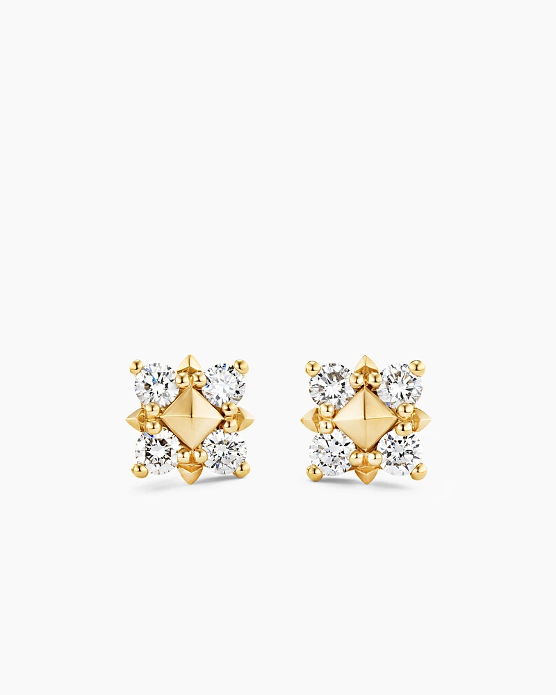 Petite Modern Renaissance Pyramid Stud Earrings in 18K Yellow Gold with Diamonds, 8mm