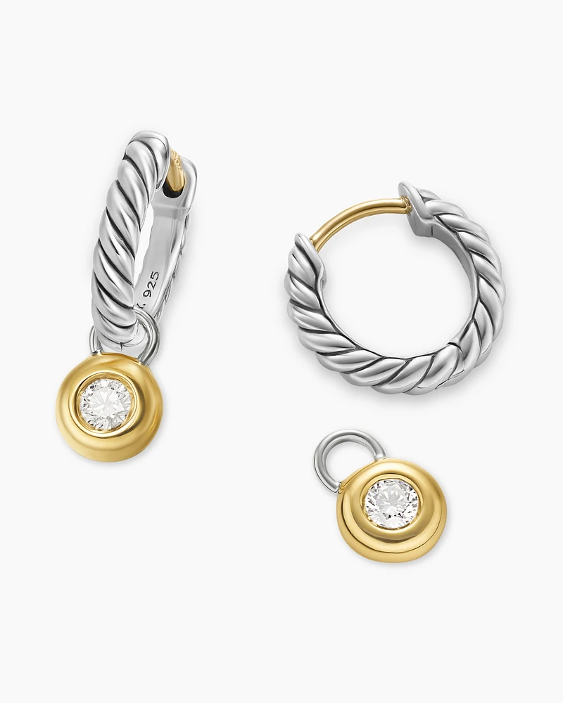 Petite Cable Huggie Drop Earrings in Sterling Silver with 14K Yellow Gold and Diamonds, 17.5mm