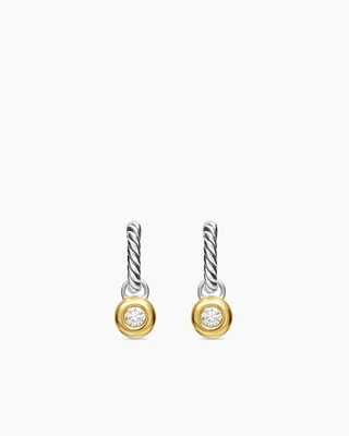 Petite Cable Huggie Drop Earrings in Sterling Silver with 14K Yellow Gold and Diamonds, 17.5mm