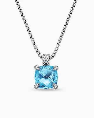 Chatelaine® Pendant Necklace in Sterling Silver with Blue Topaz and Diamonds, 11mm