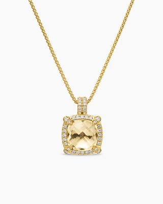 Petite Chatelaine® Pavé Bezel Pendant Necklace in 18K Yellow Gold with Hampton Blue Topaz and Diamonds