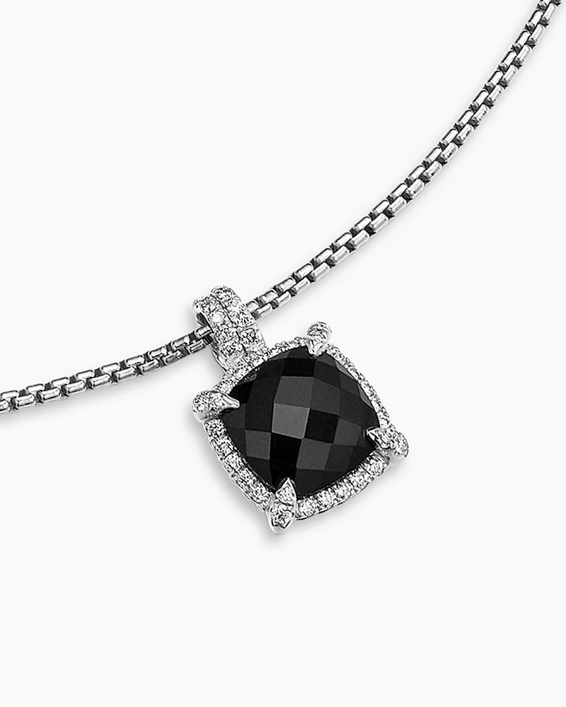Chatelaine® Pavé Bezel Pendant Necklace in Sterling Silver with Black Onyx and Diamonds, 9mm