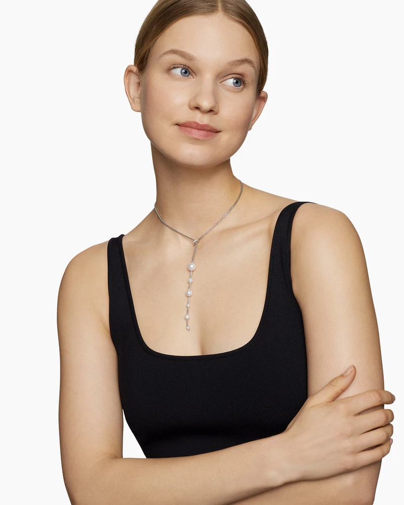 Pearl and Pavé Y Necklace in Sterling Silver with Pearls and Diamonds