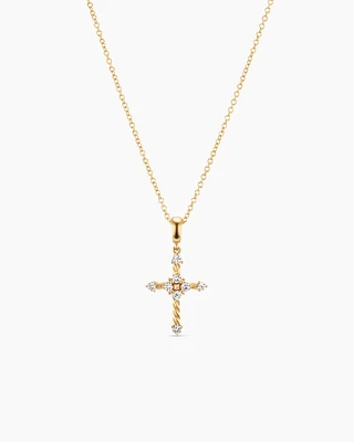 Petite Modern Renaissance Cross Pendant Necklace in 18K Yellow Gold with Diamonds, 15.9mm