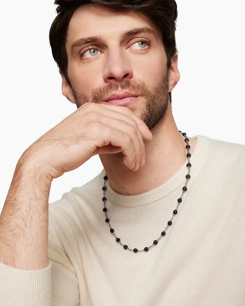 Spiritual Beads Rosary Necklace in Sterling Silver with Black Onyx and Black Diamonds, 6mm