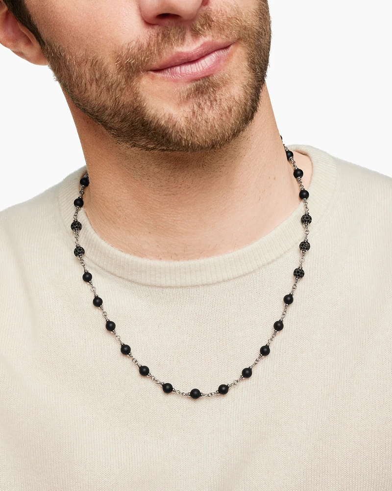 Spiritual Beads Rosary Necklace in Sterling Silver with Black Onyx and Black Diamonds, 6mm