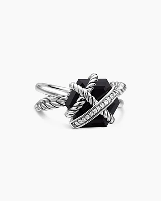 Cable Wrap Ring Sterling Silver with Black Onyx and Pavé Diamonds