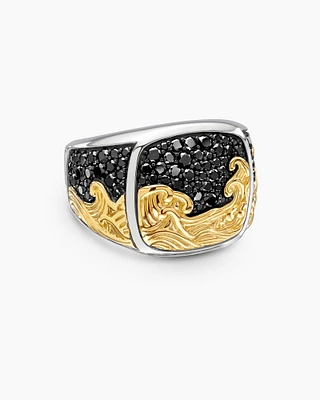 Waves Signet Ring Sterling Silver with 18K Yellow Gold and Black Diamonds, 18.8mm