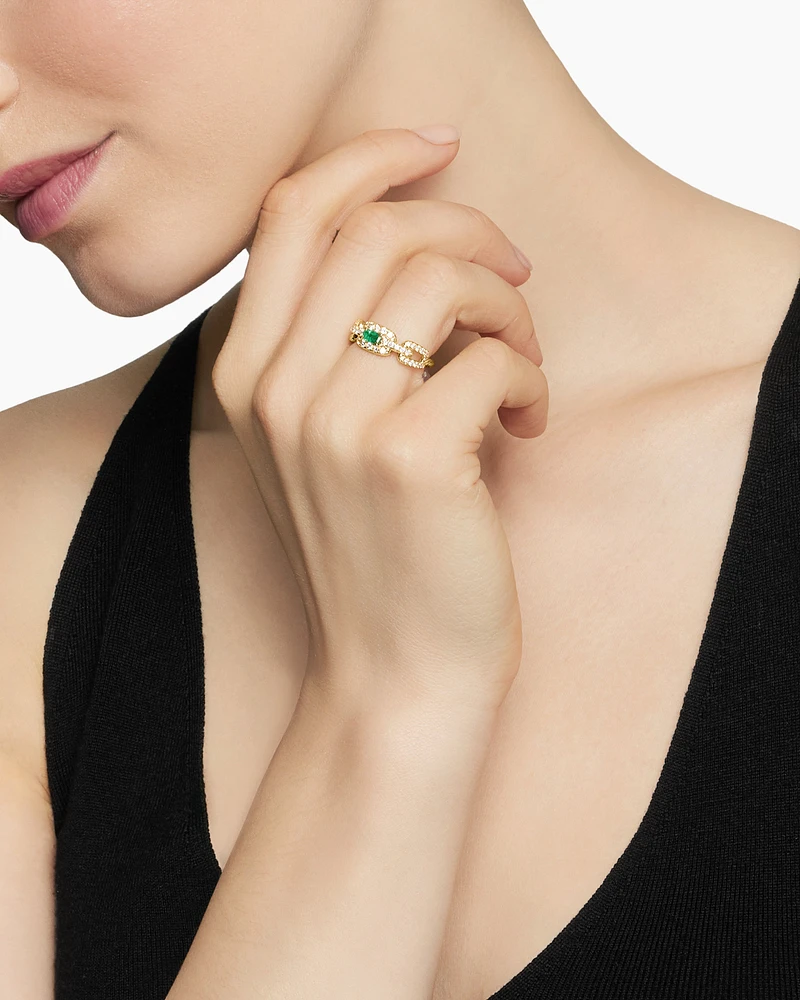Stax Chain Link Stone Ring 18K Yellow Gold with Diamonds and Emerald, 7mm