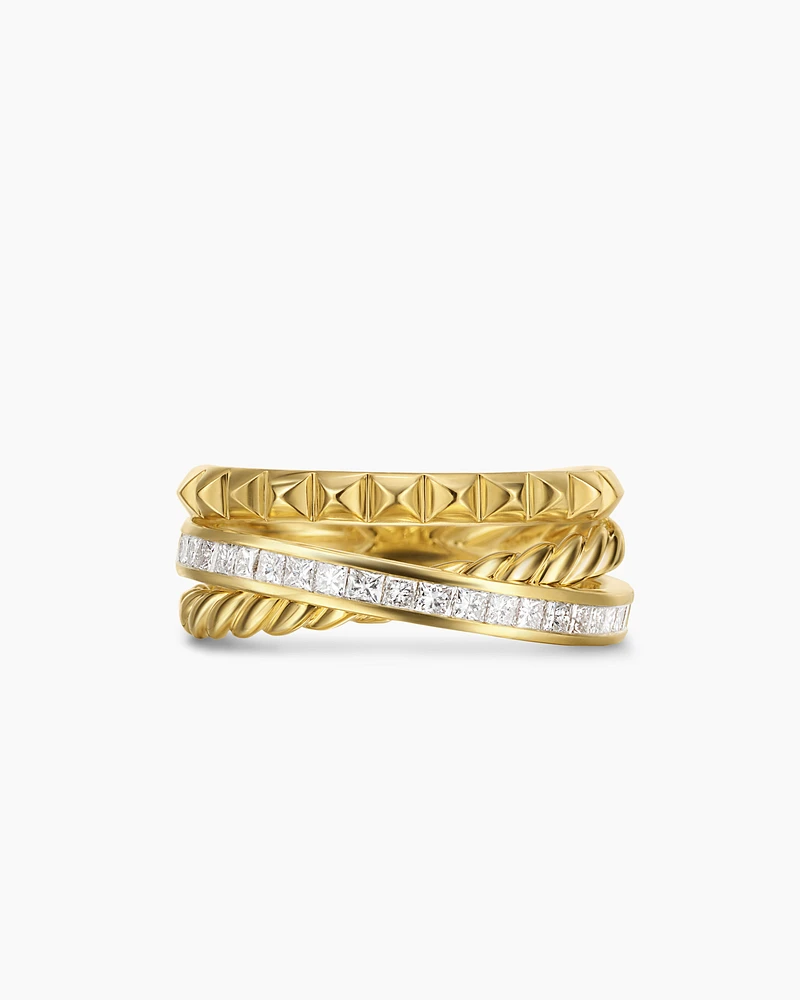 Crossover Trio Three Row Ring 18K Yellow Gold with Diamonds, 8mm
