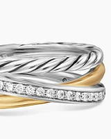 Crossover Three Row Ring Sterling Silver with 18K Yellow Gold and Diamonds, 7mm