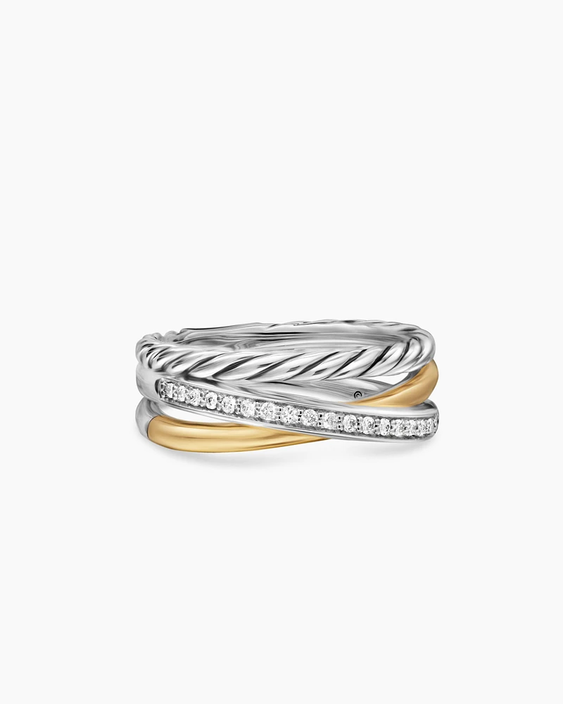 Crossover Three Row Ring Sterling Silver with 18K Yellow Gold and Diamonds, 7mm