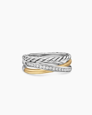 Crossover Three Row Ring Sterling Silver with 18K Yellow Gold and Diamonds, 7mm