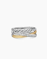 Crossover Three Row Ring Sterling Silver with 18K Yellow Gold and Diamonds, 7mm