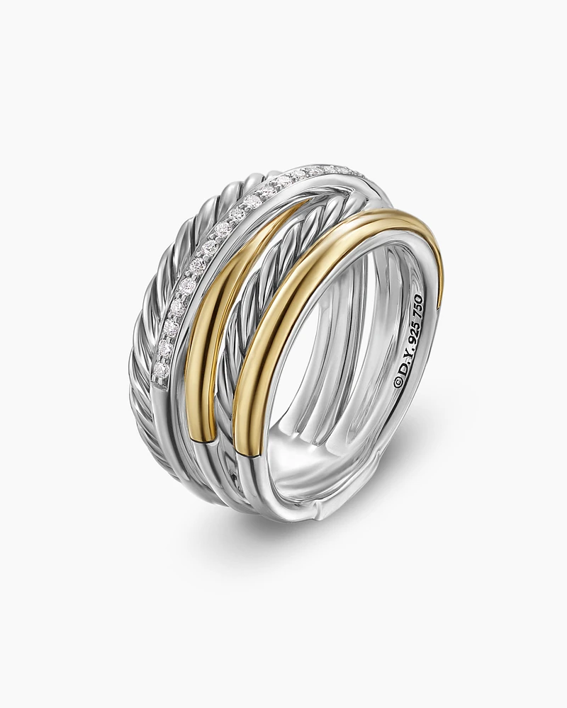 Crossover Five Row Ring Sterling Silver with 18K Yellow Gold and Diamonds, 11mm