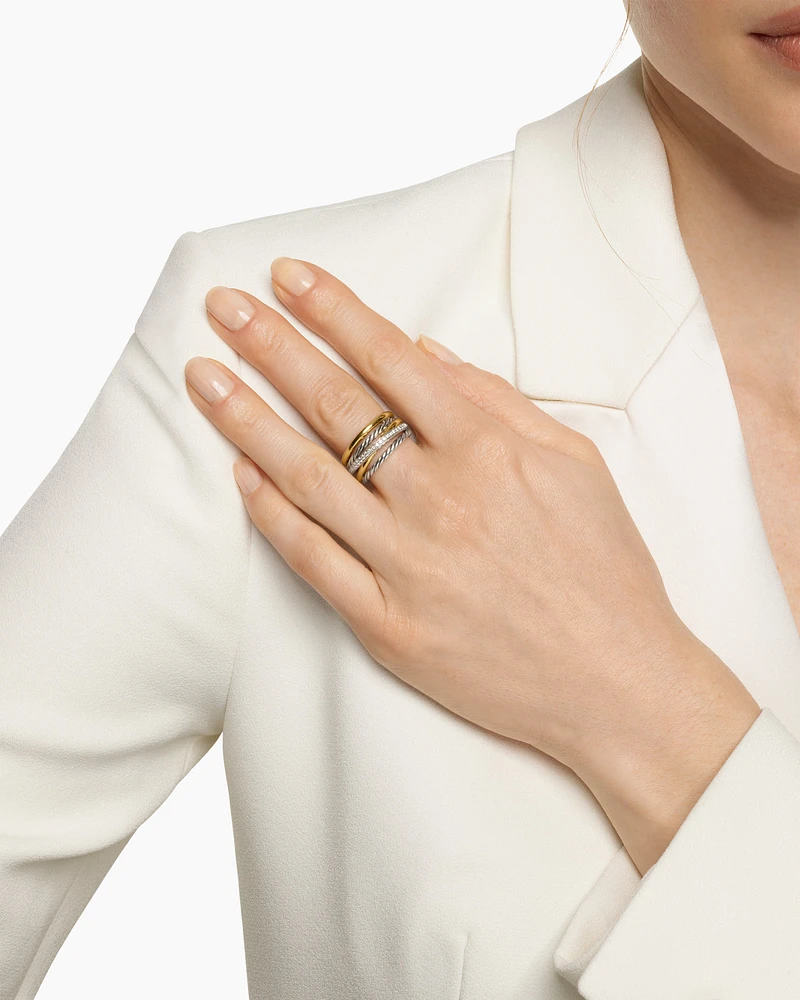 Crossover Five Row Ring Sterling Silver with 18K Yellow Gold and Diamonds, 11mm