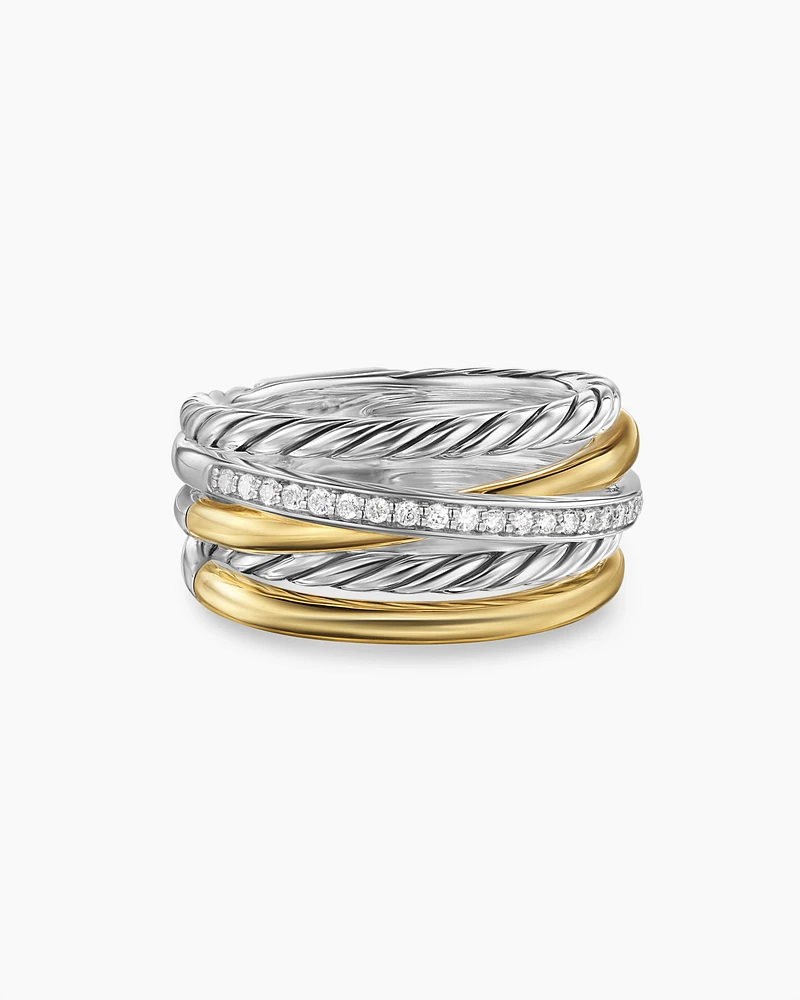Crossover Five Row Ring Sterling Silver with 18K Yellow Gold and Diamonds, 11mm