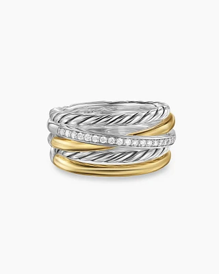 Crossover Five Row Ring Sterling Silver with 18K Yellow Gold and Diamonds, 11mm