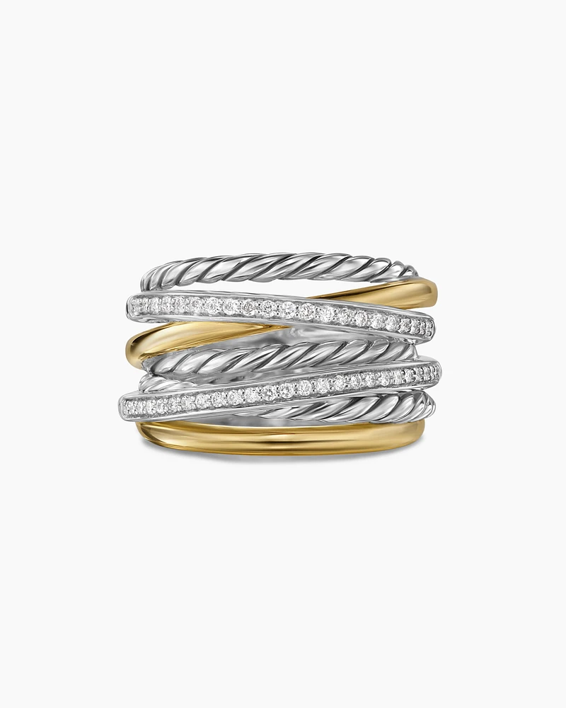 Crossover Seven Row Ring Sterling Silver with 18K Yellow Gold and Diamonds, 16mm