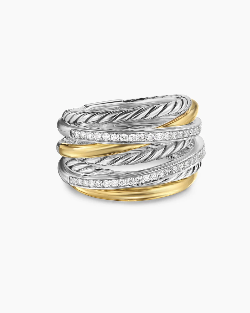 Crossover Seven Row Ring Sterling Silver with 18K Yellow Gold and Diamonds, 16mm