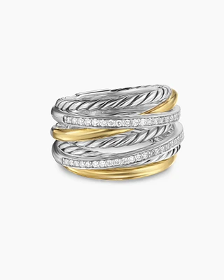 Crossover Seven Row Ring Sterling Silver with 18K Yellow Gold and Diamonds, 16mm