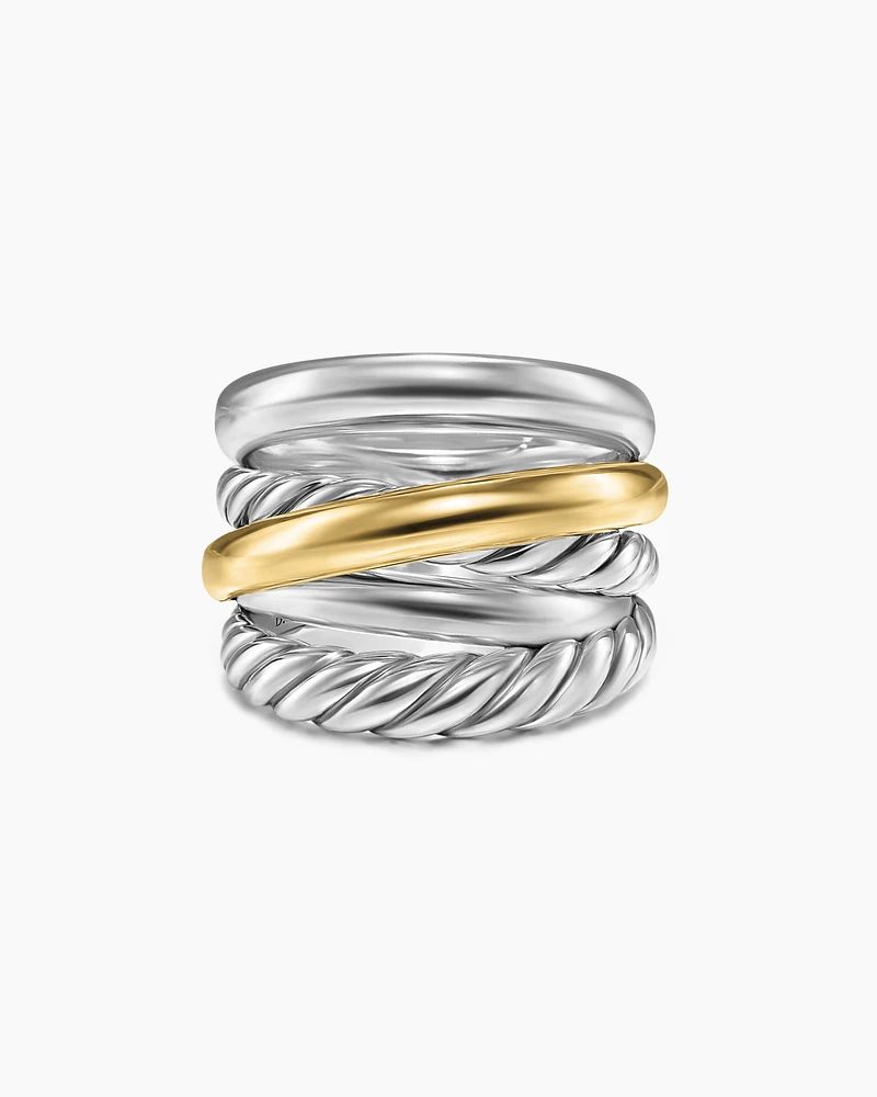 Crossover Five Row Ring Sterling Silver with 14K Yellow Gold, 17.5mm