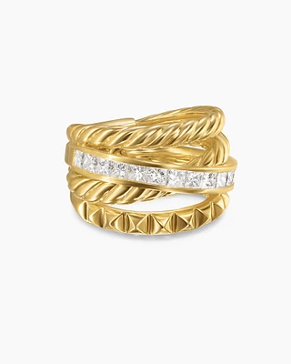 Crossover Trio Four Row Ring 18K Yellow Gold with Diamonds, 15mm