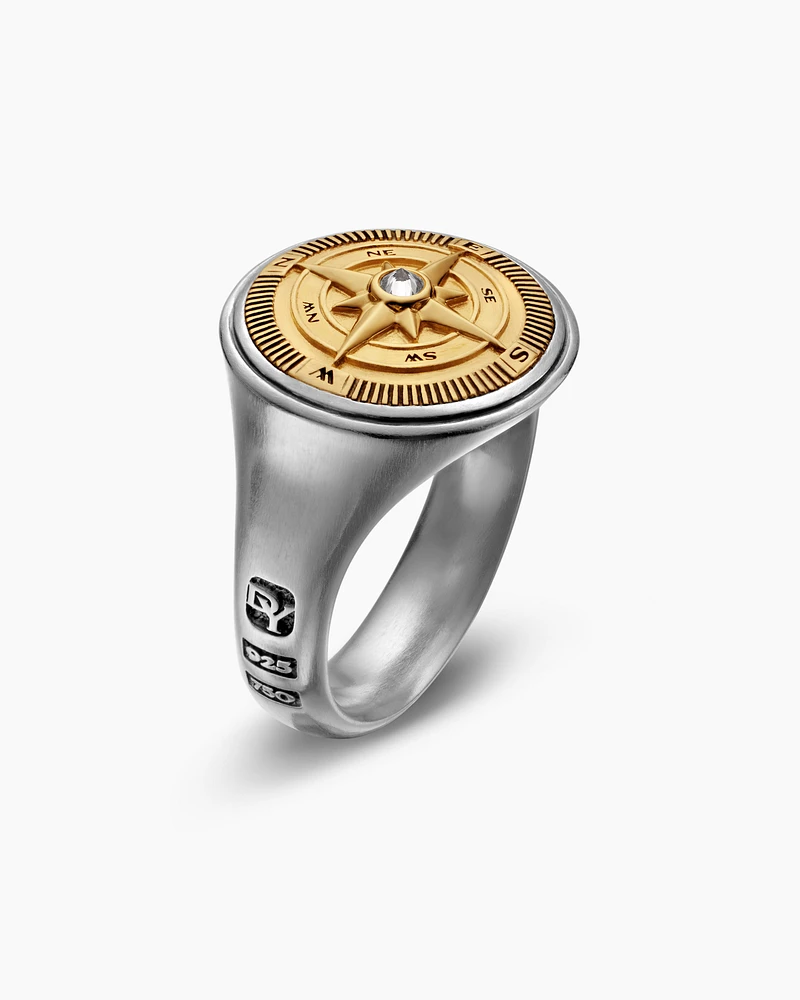 Maritime® Compass Signet Ring Sterling Silver with 18K Yellow Gold and Centre Diamond, 19.4mm