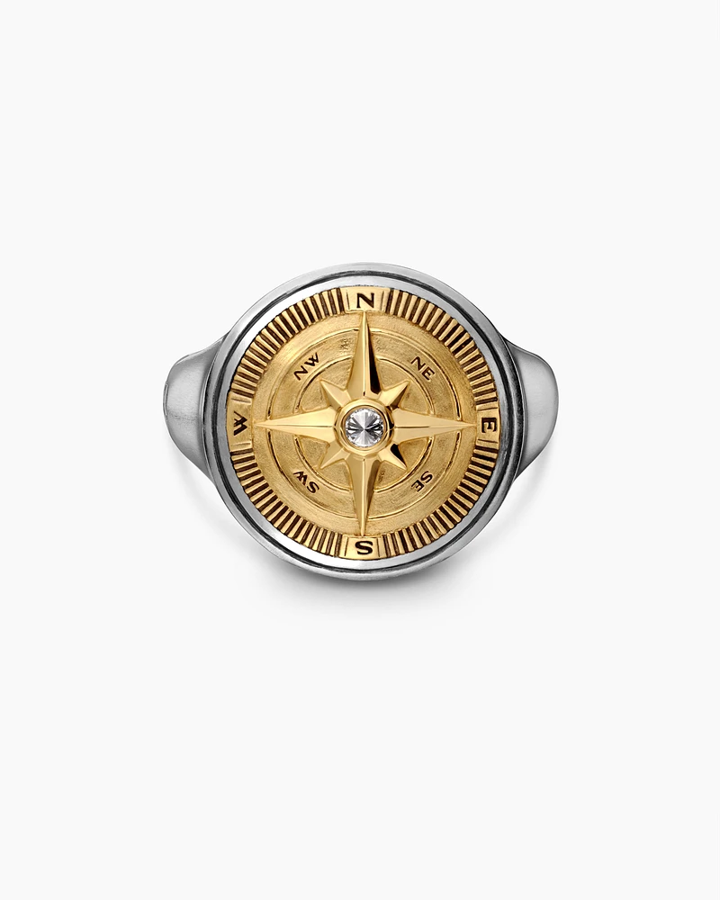Maritime® Compass Signet Ring Sterling Silver with 18K Yellow Gold and Centre Diamond, 19.4mm