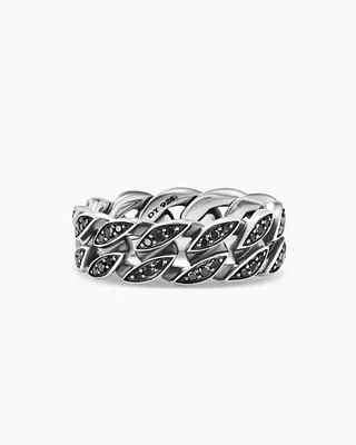 Curb Chain Band Ring Sterling Silver with Black Diamonds, 8mm