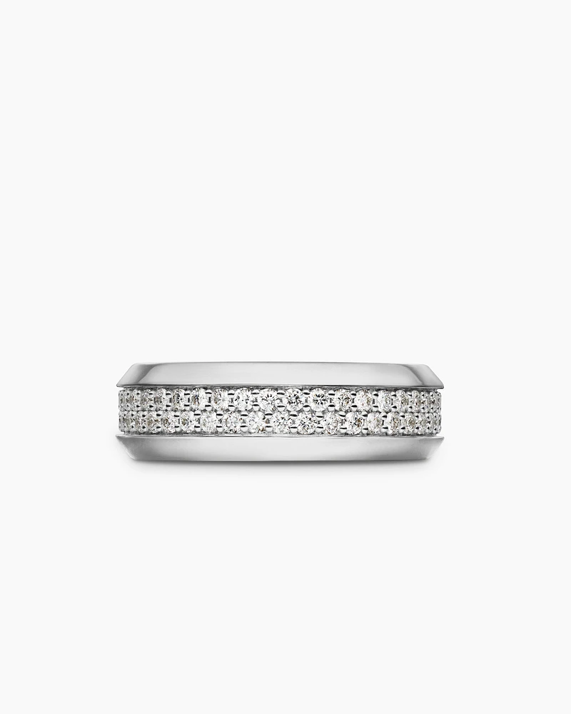 Bevelled Two Row Band Ring 18K White Gold with Diamonds, 8mm