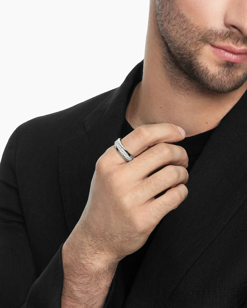 Bevelled Two Row Band Ring 18K White Gold with Diamonds, 8mm