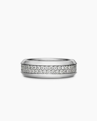 Bevelled Two Row Band Ring 18K White Gold with Diamonds, 8mm