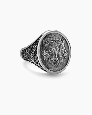 Petrvs® Wolf Signet Ring Sterling Silver with Black Diamonds, 21.5mm