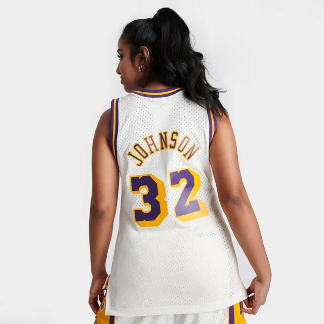 Women's Mitchell & Ness Shaquille O'Neal White Los Angeles Lakers 1996 Doodle Swingman Jersey Size: Large