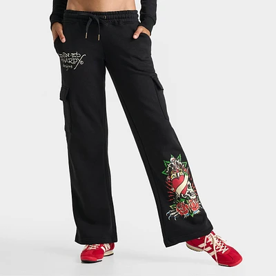 Women's Ed Hardy Rose Skull Fleece Cargo Pants