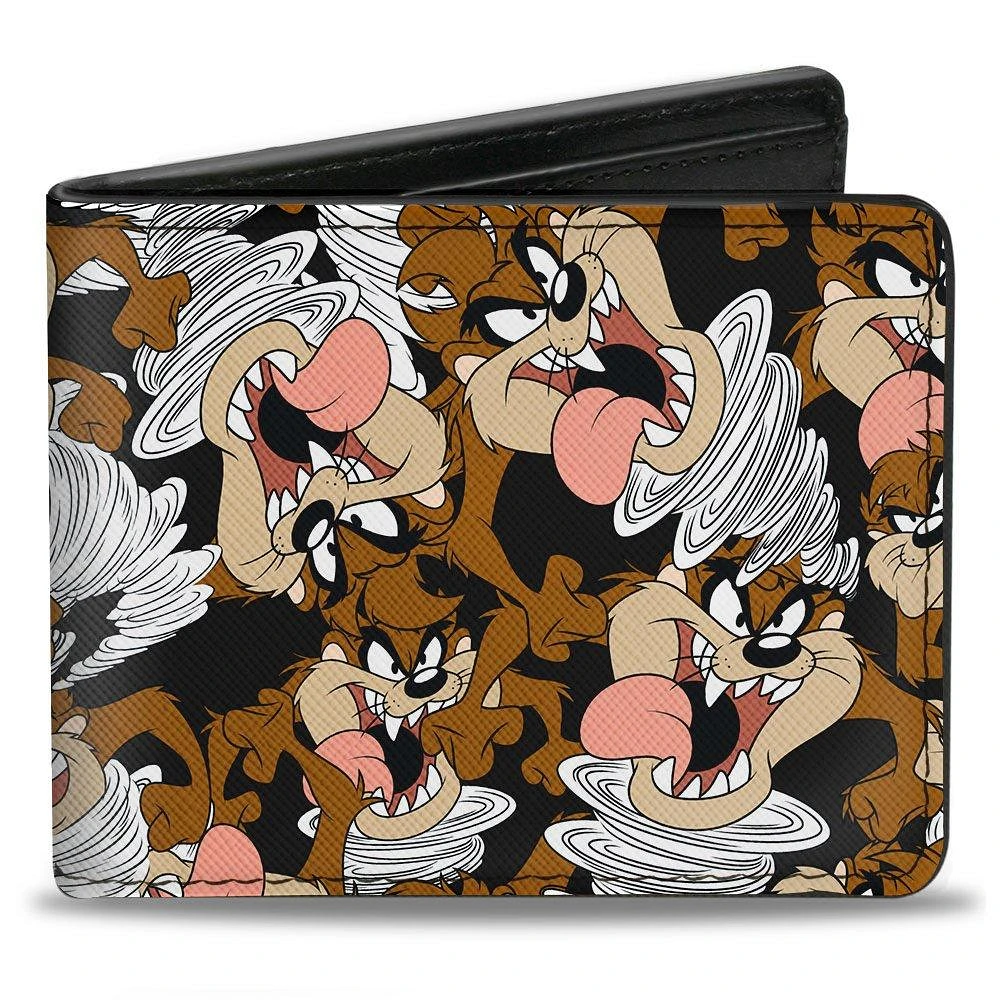 Buckle-Down Looney Tunes Tasmanian Devil Vortex Poses Scattered Men's Black Vegan Leather Bifold Wallet