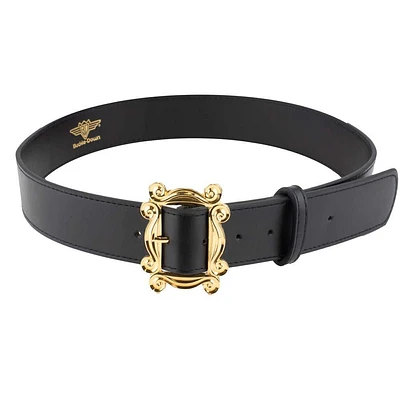 Buckle-Down Friends Monica's Peephole Frame Gold Cast Buckle Black,Vegan Leather Belt