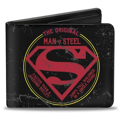 Buckle-Down DC Comics Superman The Original Man of Steel Badge Men's Black Vegan Leather Bifold Wallet