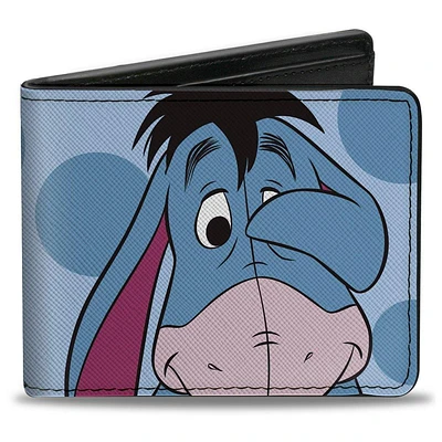 Buckle-Down Disney Winnie the Pooh Eeyore Character Close Up Pose and Text Blues Men's Vegan Leather Bifold Wallet
