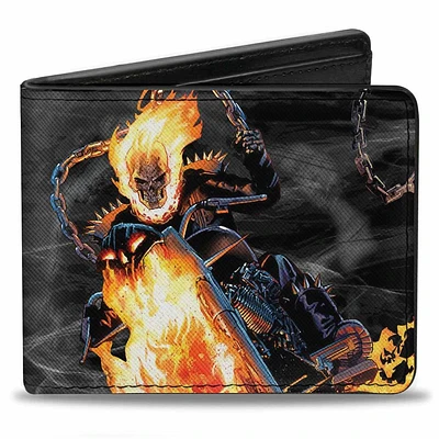 Buckle-Down Marvel Ghostrider Riding Pose Skull Smoke Black Grays Flames Men's Vegan Leather Bifold Wallet