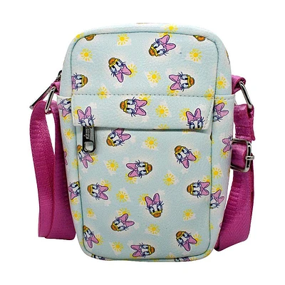 Buckle-Down Disney Daisy Duck Smiling Expression and Sun Scattered Baby Blue Vegan Leather Cross Body Bag